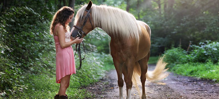 Woman bonding with a brown horse while enjoying the healing power of animals.