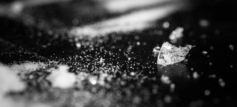A black-and-white close-up of a meth rock.
