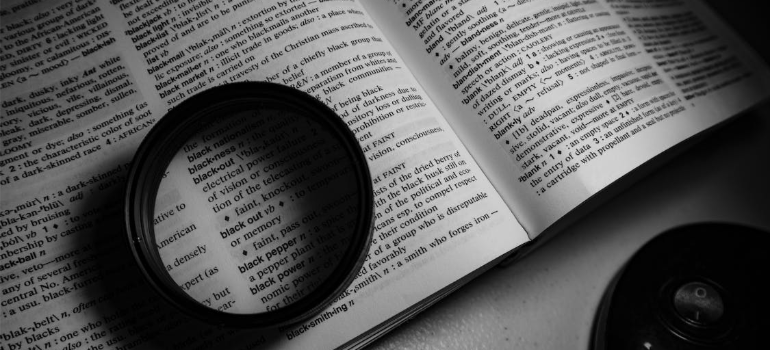 A black-and-white photo of a dictionary page.