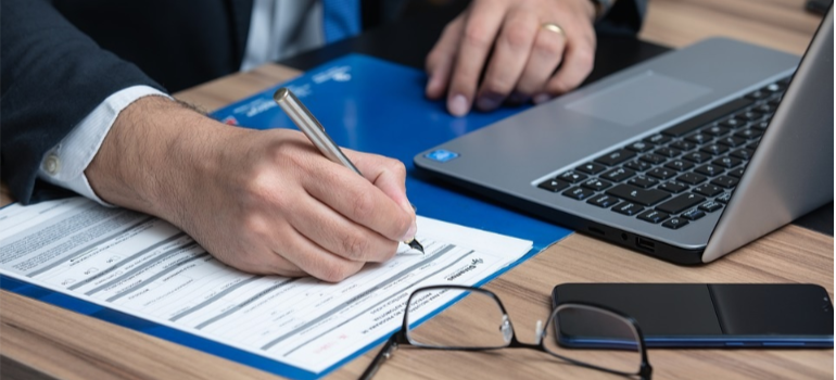 A close-up of a lawyer going through a document with a pen in hand.