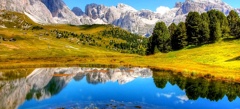 Lake with mountains in the background.