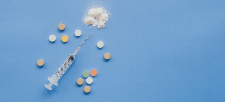 A table with various types of drugs.