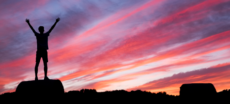 A person holding their hands up in the air as they look at the orange-pink sky.