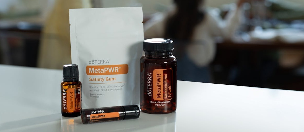 Supplements on a white table.
