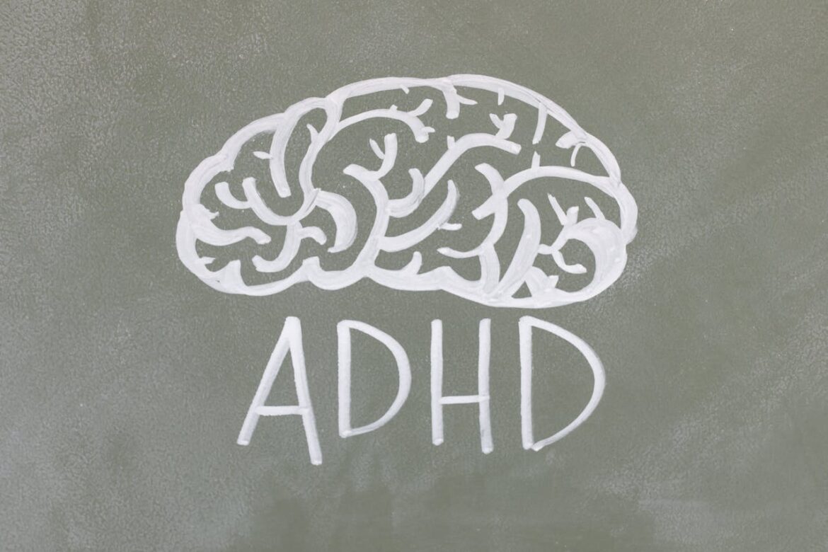 Drawing of a brain with ADHD written under it.