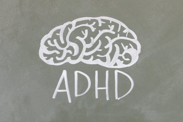 Drawing of a brain with ADHD written under it.