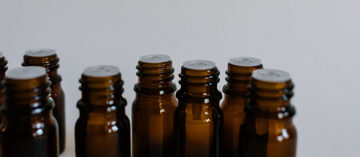 Small, brown glass bottles.